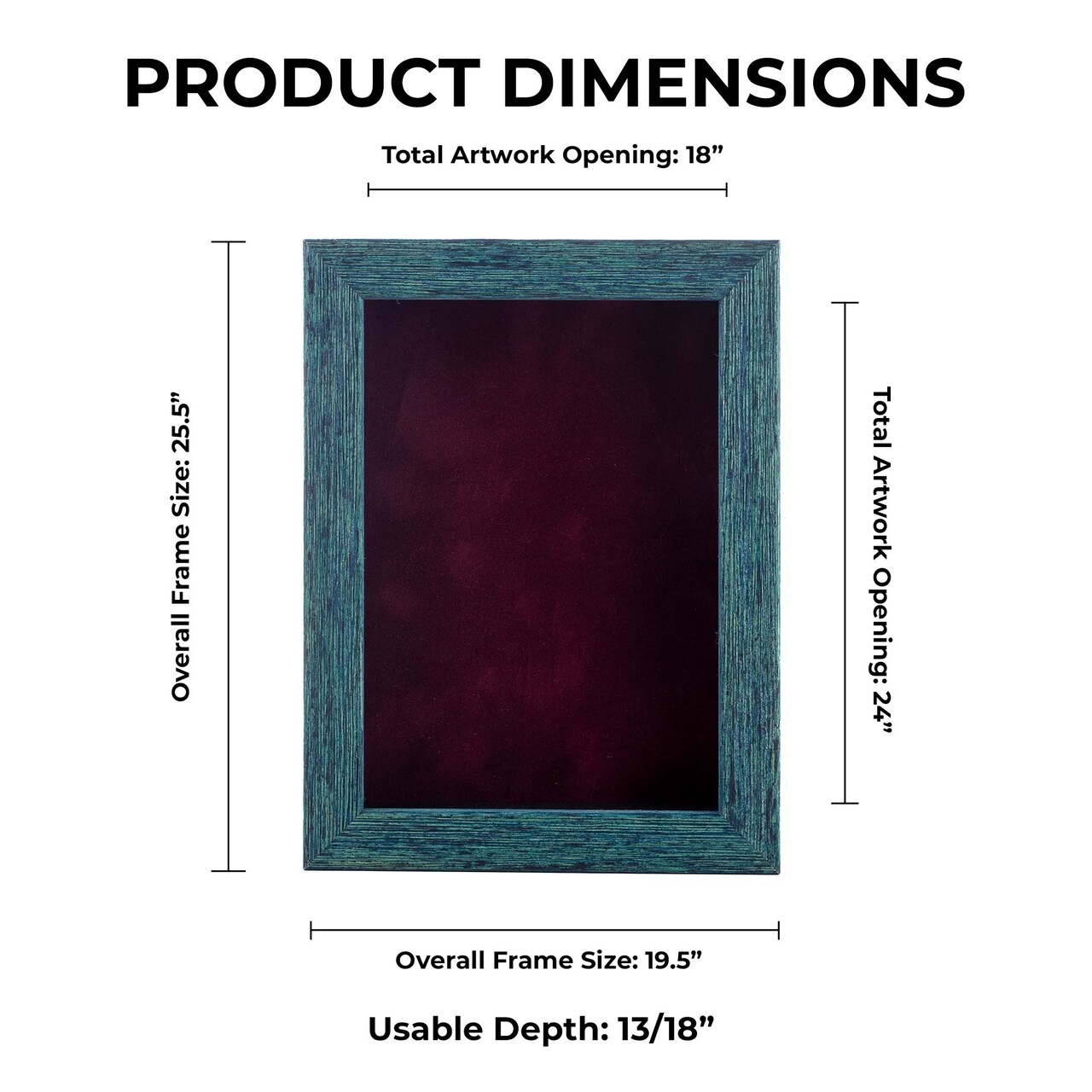 Rustic Blue Wood Shadow Box Frame with Acrylic Front - Dark Red Suede Backing, 30 Sizes